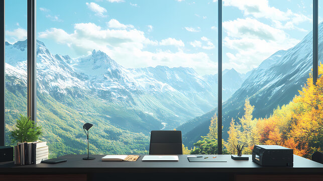 Serene mountain vista as immersive virtual meeting background photorealistic detail blends with subtle digital enhancements zeninspired home office setup in foreground. Serenity. Illustration