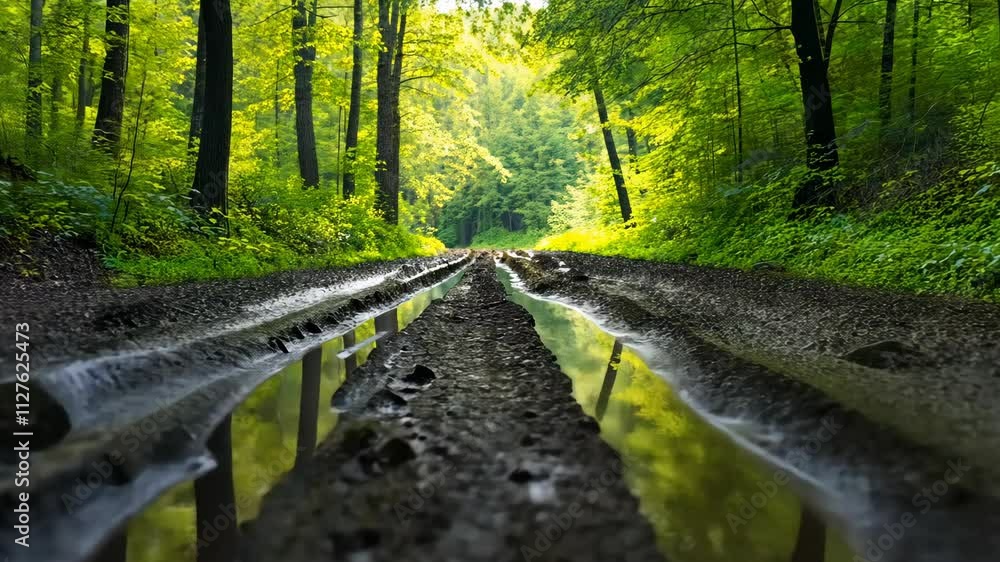 Aufkleber serene forest pathway with reflections and sunlight filtering through trees at midday