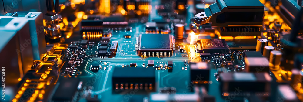 Poster a circuit board manufacturing line with machines precisely placing and soldering tiny electronic com
