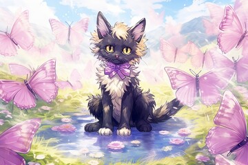 Cute anime kitten with butterfly and dragonfly wings sitting among flowers and pink butterflies