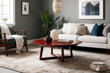 Elegant Round Cherry Coffee Table in a Modern Scandinavian Living Room Decor