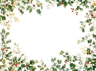 A charming and classic holiday frame featuring delicate sprigs of holly, red berries, and evergreen accents.