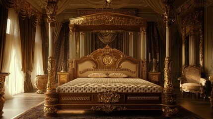 Ornate Luxury Bedroom Interior with Four-Poster Bed and Drapery