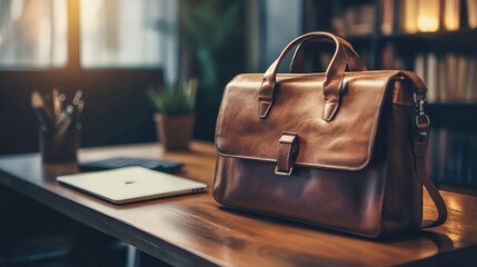 Elegant Leather Bag on a Desk with Laptop and Office Decor