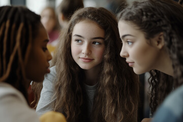 Obraz premium three teenage girls together for concept of gossip and school relationships