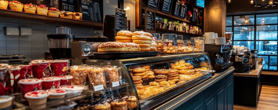 A bustling cafe counter with cappuccinos being served alongside stacked pastries, energetic coffeehouse scene, daily indulgence