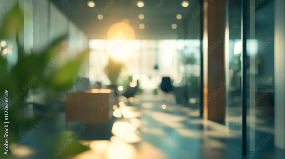Poster sunlight streaming through large windows creates a warm and inviting atmosphere in a modern office w