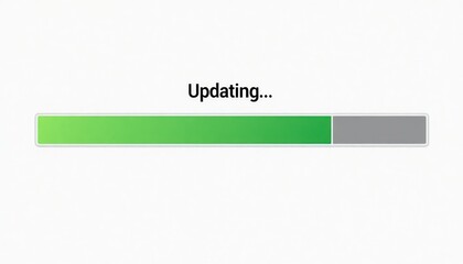 Green progress bar shows updating process. Progress indicator displays software update. Plain white background. Simple tech visual. Modern design. Software upgrade in progress. Digital interface