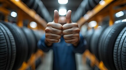 Mechanic Shows Thumbs Up Among Tire Inventory