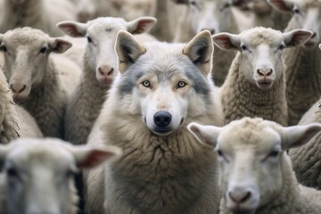 Generated conceptual image of a wolf in sheep or sheep's clothing as a predator hiding to fool and trick people and take advantage of or harm them