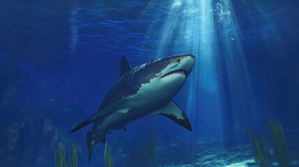 Fototapeta premium Majestic Great White Shark Swimming in Vibrant Underwater Scene