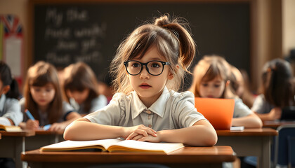 Schoolgirl ignored learning isolated with white highlights, png