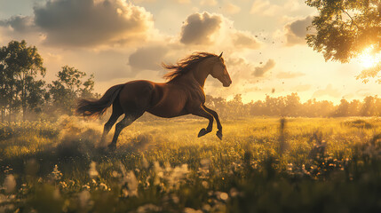 Fototapeta premium Majestic brown horse galloping in a mystical, sunlit field, creating a sense of freedom and serenity in a beautiful natural setting. Serenity. Illustration