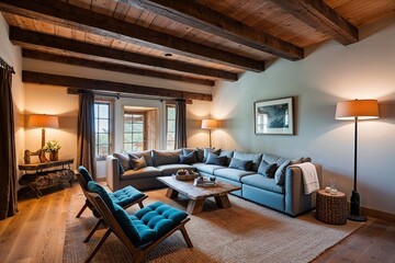 Obraz premium Cozy Rustic Sitting Area with Sectional Sofa and Lounge Chairs Under Beamed Ceiling