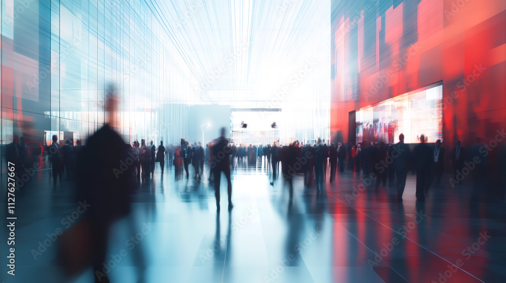 Poster business people walking in a modern convention center with a big screen displaying information, crea