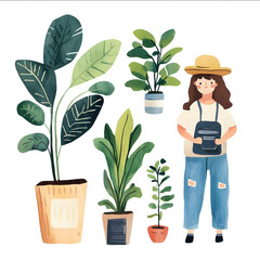 young people and plants watercolor style summer casual and cute cartoons simple graphics bright color blocks