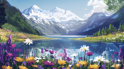 Mountain lake serenity alps nature scene floral landscape scenic view tranquility. Serenity. Illustration
