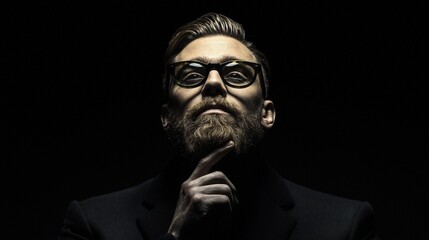 Obraz premium Pensive man with beard and glasses in dark background.