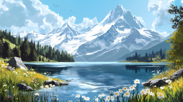 Mountain lake serenity alps nature scene floral landscape scenic view tranquility. Serenity. Illustration