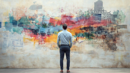 Entrepreneur analyzing vibrant financial data and charts on a textured backdrop, symbolizing market assessment and investment tactics