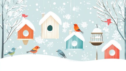 Winter wonderland with colorful birdhouses and birds in snowy scene