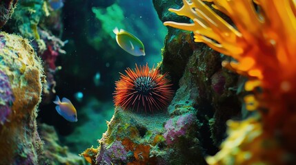 Obraz premium Colorful Sea Urchin Surrounded by Coral and Tropical Fish Underwater