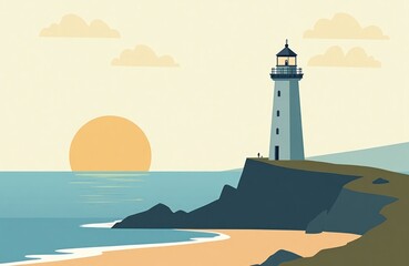 Coastal lighthouse stands on cliff overlooking ocean horizon. Sunrise paints sky soft yellow, orange. Calm sea reflects light. Minimalist style art captures serene coastal scene. Perfect for travel