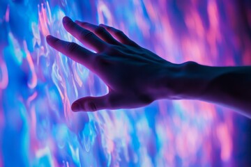 Hand interacting with digital screen surrounded by blue and purple background symbolizing innovation