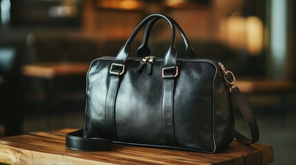Elegant Black Leather Bag on Wooden Table in Modern Cafe Setting