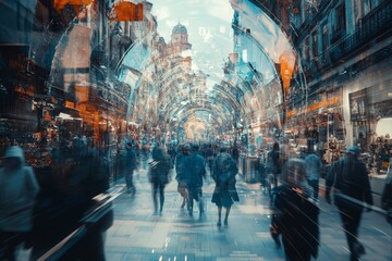 A seamless portal connects a futuristic metropolis and an ancient medieval village in a busy street