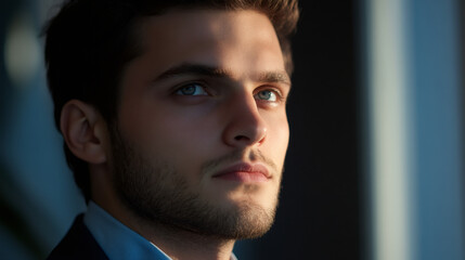 Fototapeta premium Close-up of thoughtful businessman looking out window, contemplating future business strategies in modern office