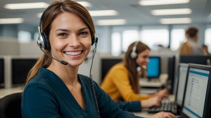 Working in a vibrant yellow office, a brunette woman in a blue outfit communicates effectively with clients using her headset.