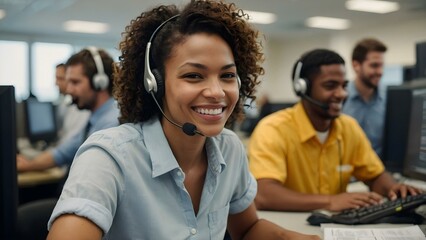 A professional curly hair black skin operator, dressed in blue, uses her headset to handle customer care communications efficiently in a lively big office.