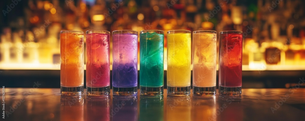 Poster a vibrant photo of a row of bright multicolored cocktails neatly lined up on the bar table, creating