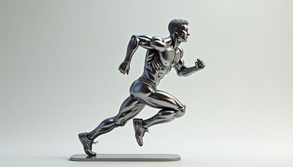 Silver statue shows strong male athlete running. Dynamic pose displays muscles, form. Focuses on athleticism, strength. Perfect for fitness enthusiasts sports brands. Awarded sculpture for