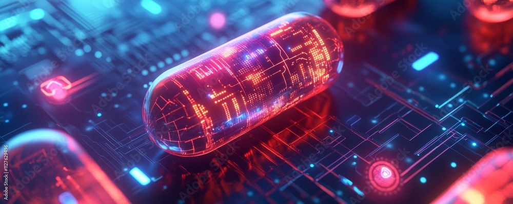 Poster abstract holographic pill with ai circuitry pattern, glowing health data icons, representing aienhan