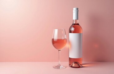 Aesthetically pleasing photo of bottle, glass of rose wine on light pink background. Bottle blank white label providing mockup for branding. Glass of pink wine positioned next to bottle. Soft light