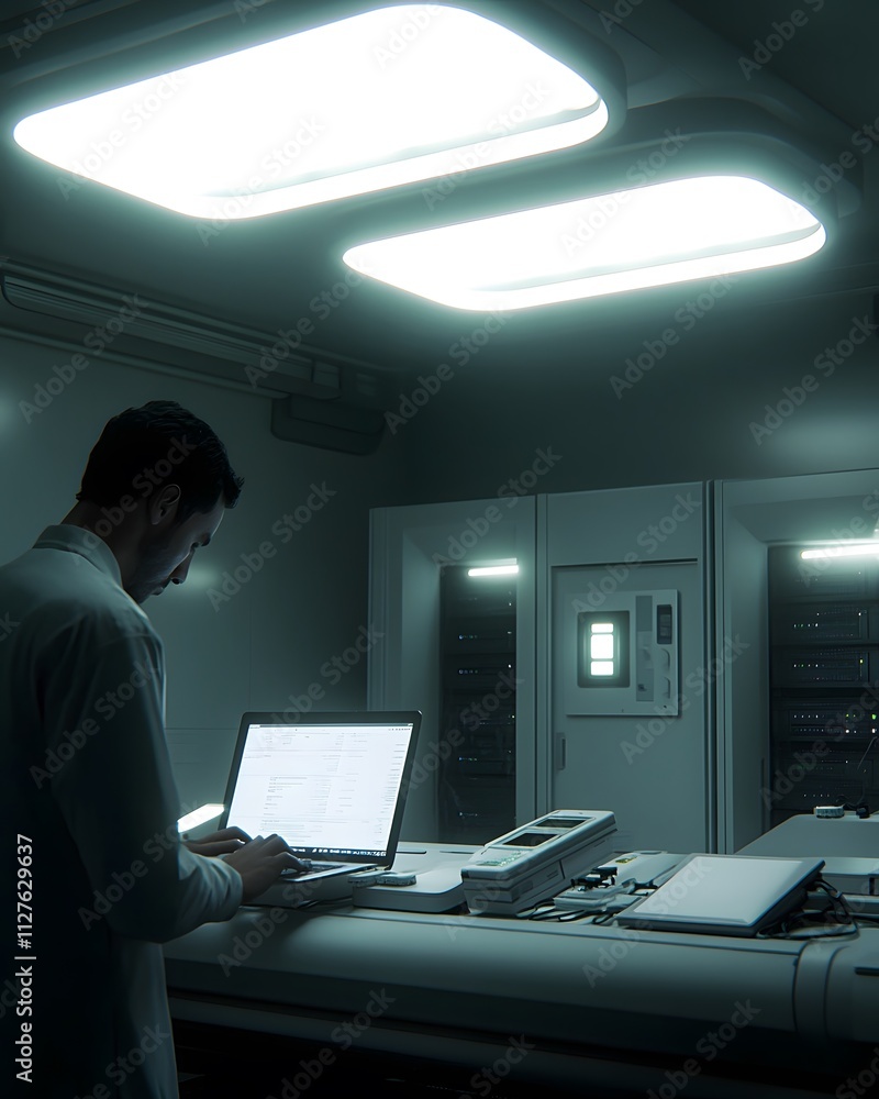 Poster a scientist working on a laptop in a dimly lit lab with various equipment.