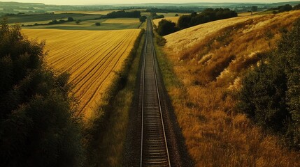 Serene Landscape of Train Tracks through Golden Fields at Sunset