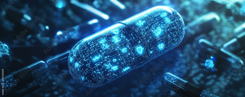 Poster abstract holographic pill with ai circuitry pattern, glowing health data icons, representing aienhan