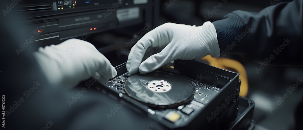 Poster a technician carefully handling a disk within a device in a controlled environment.