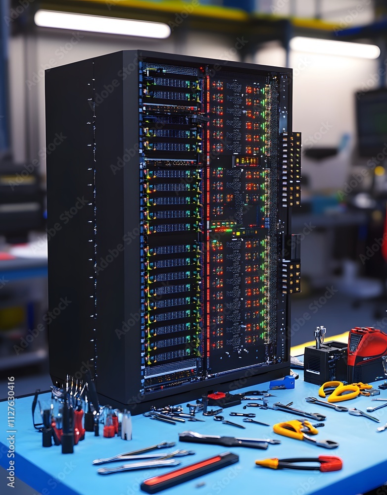 Poster a server rack surrounded by tools in a tech workshop, indicating maintenance or setup.