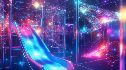 Neon playground slide in a futuristic, digital landscape with glowing particles and lines.