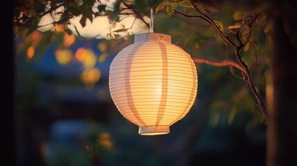 Obraz premium Softly Glowing Paper Lantern Hanging Amidst Autumn Leaves at Dusk