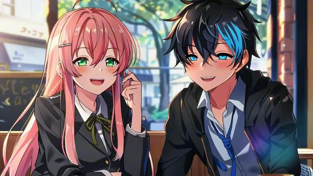 Two cheerful high school anime friends in uniforms smiling together, outdoor setting
