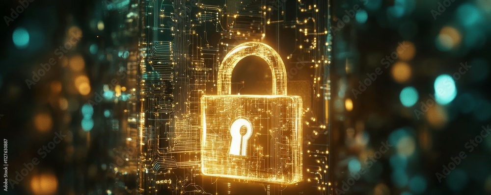 Poster aienhanced padlock icon with circuit board background, representing smart security systems