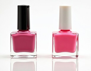 Two pink nail polish bottles displayed isolated on transparent background. Modern beauty products. Studio shot of cosmetics. Clear glass bottles with bright pink polish inside. Pro makeup items.