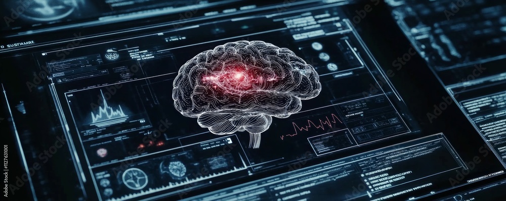 Poster aipowered brain scan interface, holographic medical icons and neural networks, representing advanced