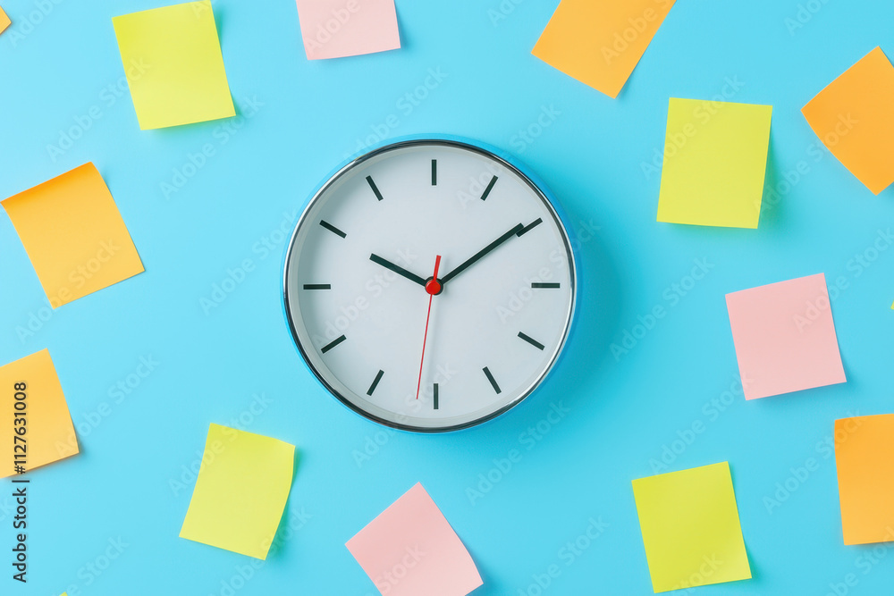 Poster sleep disturbance and time management skills. a round clock surrounded by colorful sticky notes on a