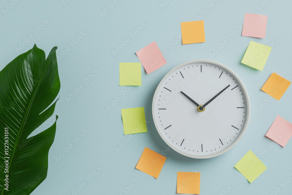 Poster sleep disturbance and time management skills. a minimalist clock surrounded by colorful sticky notes